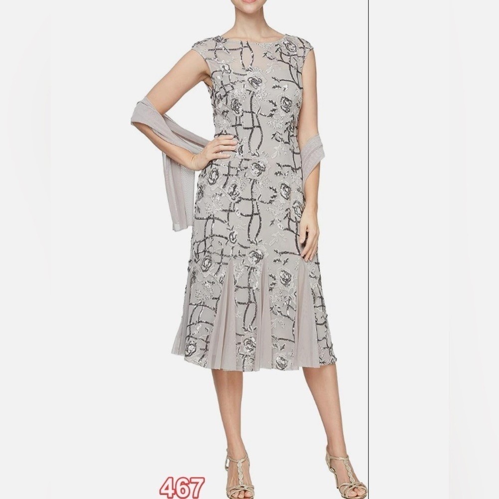 Alex Evenings Silver Floral Midi Dress
